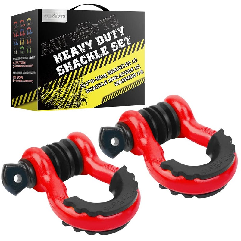AUTOBOTS Shackles 3/4" (2 Pack), D Ring Shackles 45,000Ib Max Break Strength with 7/8" Pin & Isolator Washers Heavy Duty Clevis Shackle for Tow Strap Jeep Vehicle Off Road Recovery Red-Black - Image 1